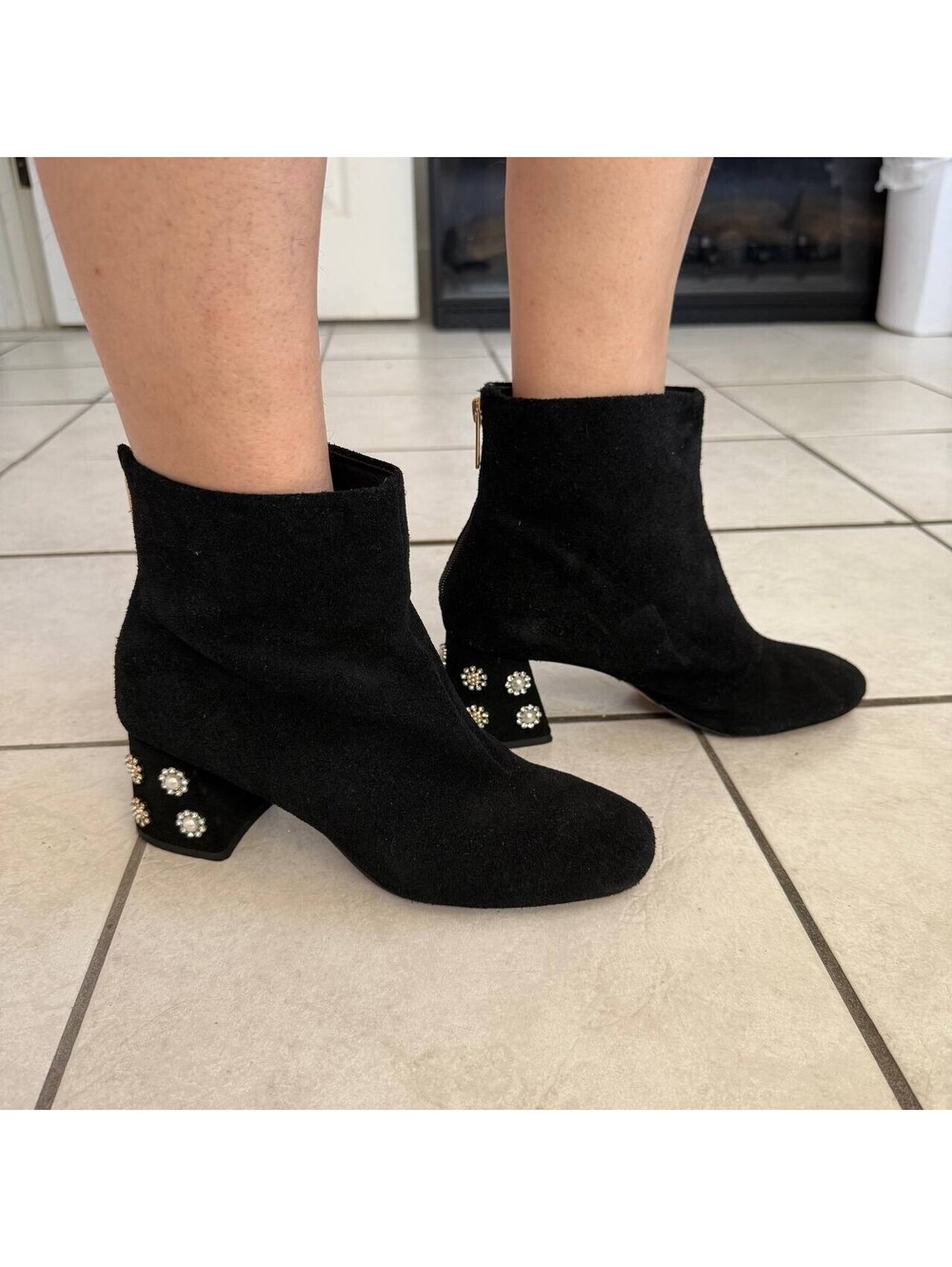 Nanette Lepore Rose Black Suede Ankle Boots Women’s 9M Pearl Embellished Heel